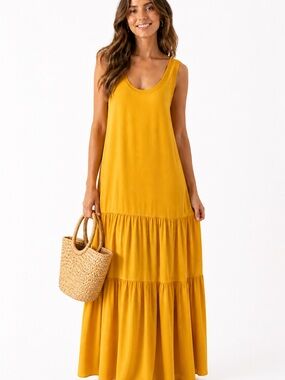 Elizabeth and James Silk Blend Yellow Tiered Maxi Dress S